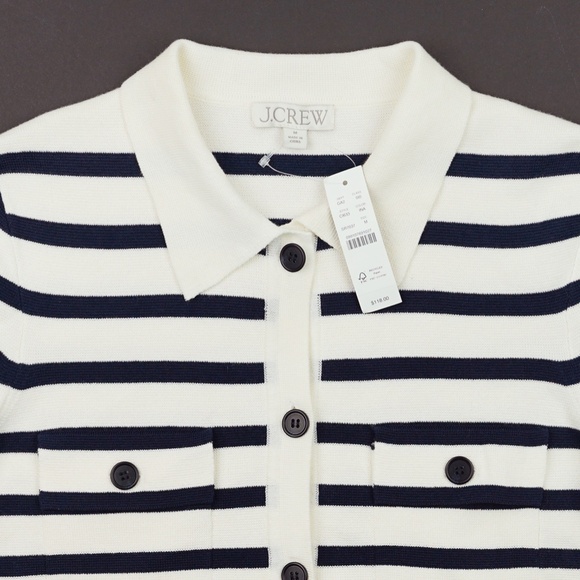 New JCREW Size M Collared Short-Sleeve Cardigan in Stripe Ivory Navy $118 CI633 - Picture 5 of 6
